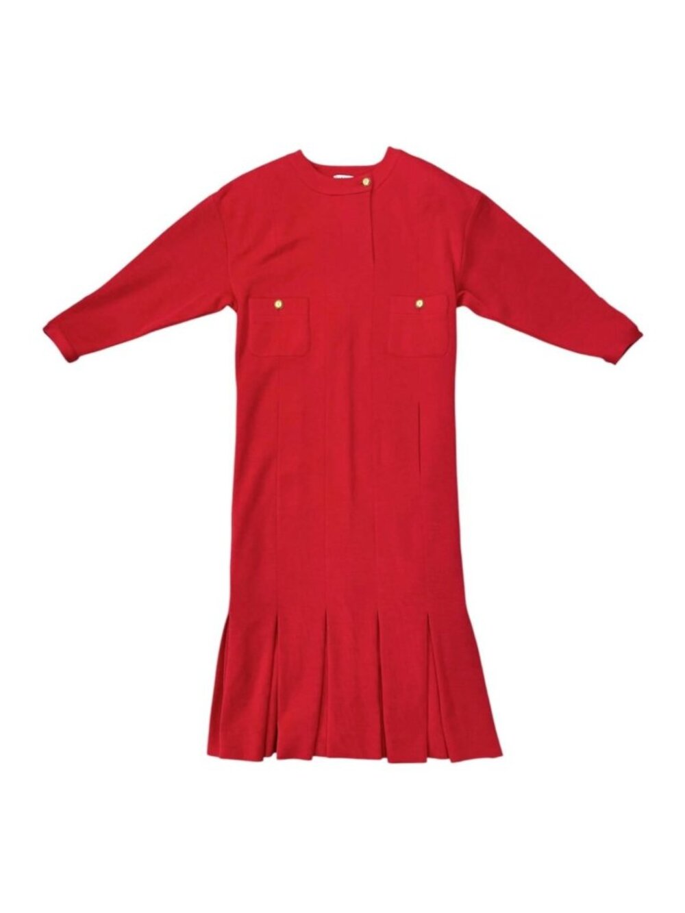 Chanel Boutique Long Dress Vintage CC Logo Button Wool Red 36